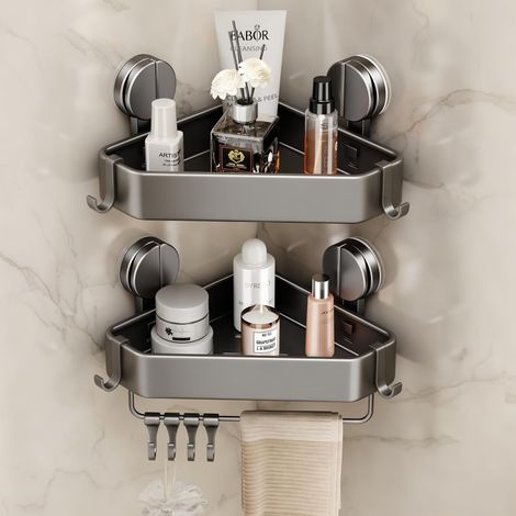 (2 PièCes, Gris)Etagere Douche Angle Ventouse, Etagere Angle Salle De Bain sans Percage avec Porte Serviettes et Crochets Rangement et (1/5)