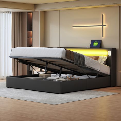 Bett Doppelbett Stauraum 160x200 PU Leder Schwarz HAVRYA (1/5)