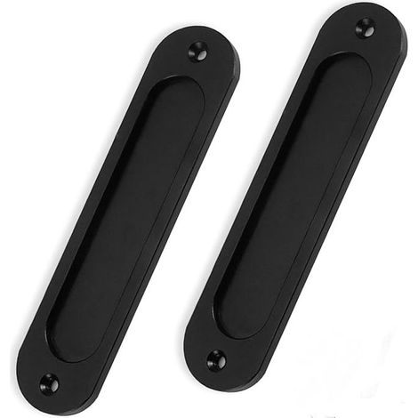 Lot de 2 poignées de porte de grange - Noir mat - 15 cm - Rondes - Plaque plate encastrée - Poignées de porte coulissantes - Poignée en aluminium pour placards et tiroirs (1/4)