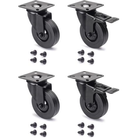 Lot de 4 roulettes Black avec plétine de montage, diamètre 75mm, Plastique et Acier, Noir (1/4)