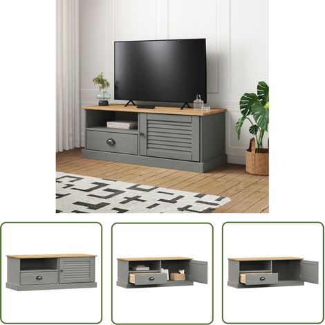 The Living Store Meuble TV VIGO gris 106x40x40 cm bois massif de pin - Meuble Tv - Meuble Téléviseur - Support Tv - Buffet Tv - Bois Massif (1/5)