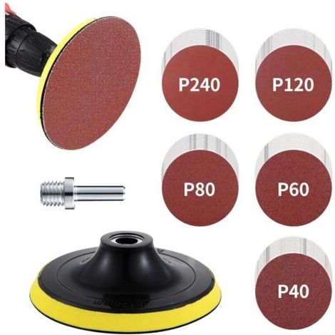 Kit de disques de papier de verre, 125mm de patin de ponçage M14, 50 pièces de papier de verre 10x40/60/80/120/240, convient pour le papier de verre de la ponceuse (1/5)