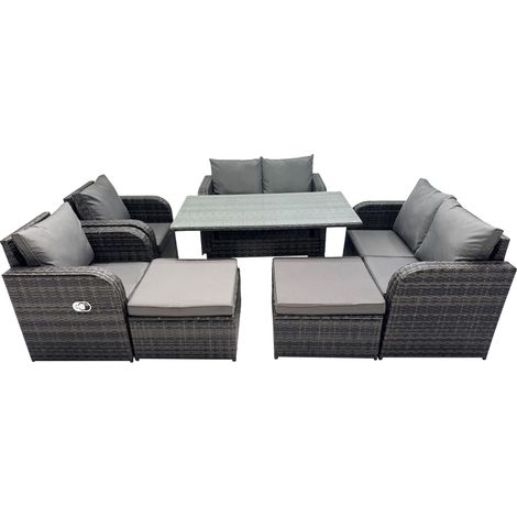 Fimous 8 Seat Outdoor Wicker PE Rattan Garden Furniture Set Dining Table Sofa Sets with 2 Big Stools Dark Grey Mixed (1/5)