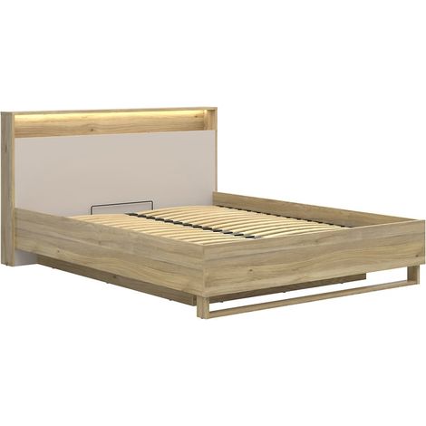 Lit coffre 160x200cm + LED avec sommier et rangement ,coloris Chêne mauvella/Beige - Longueur 218 x Profondeur 168 x Hauteur 100 cm (1/5)