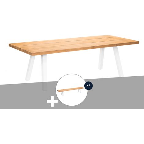 Ensemble table de jardin en teck Seychelles + 2 bancs en teck - Jardiline (1/5)