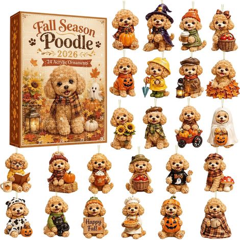 Pudel-Adventskalender Herbst 2026 – 24 flache 2D-Acryl-Anhänger – niedlicher Pudel mit gelbem Hut – Weihnachtsbaumschmuck und einzigartiges Geschenk für Hundeliebhaber (1/5)