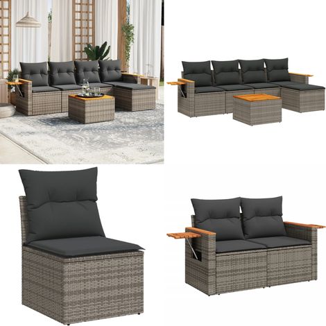Salon de jardin 6 pcs avec coussins gris résine tressée - Ensemble Salon De Jardin - Meuble Extérieur - Jardin Design - Mobilier De Jardin - Chaise Lounge - Home & Living