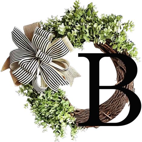Couronne de Porte Lettre B en Bois avec Ruban pour Décorations Cour et Maison - Modèle Vert 36cm - Matière Bois et Plastique - Cadeau Jardinage (1/5)