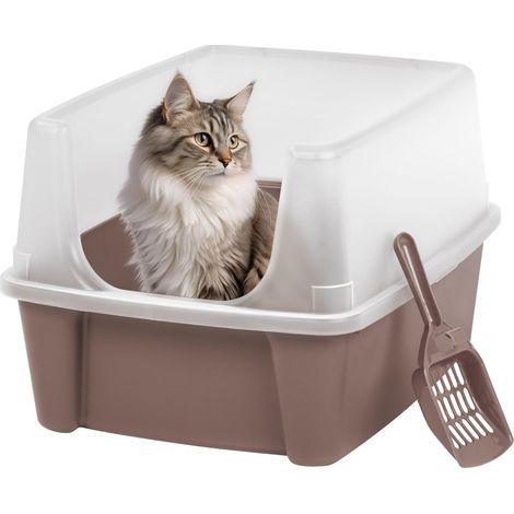 Bac a Litiere pour Chat avec Pelle, Beige, Nettoyage Facile, Maison de Toilette, Rebords Amovibles, Anti-fuite, Pour Chats Adultes, Chatons, Lapins, Sans BPA, Ouverture en haut, CLH-12 (1/5)