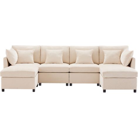 Sofá esquinero, sofá de 4 plazas con 2 reposapiés y 6 cojines, de tela, beige (1/5)