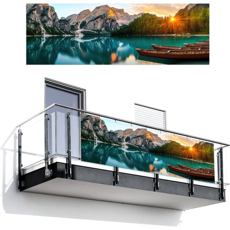 PANTALLA DE PRIVACIDAD PARA BALCÓN Lago - Montañas - Puesta de sol - Barco 300x100 (1/4)