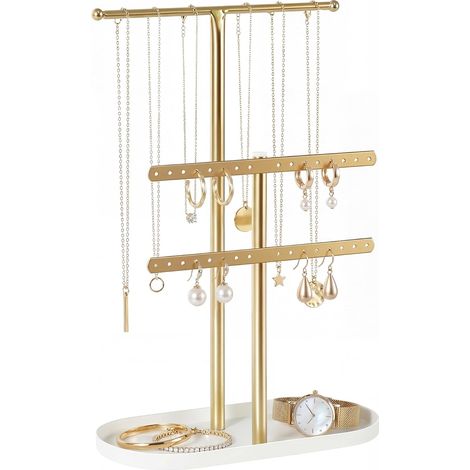 Dreistöckiger Schmuckorganizer, goldener Schmuckhalter mit Ablage, Schmuckständer für Halsketten, Armbänder, Ohrringe, Uhren und Ringe, Geschenk für Frauen (1/4)