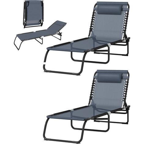 Lot de 2 bains de soleil - transat - Outsunny - pliable dossier inclinable multi-positions - acier - 189 x 58 x 30 cm - gris (1/5)