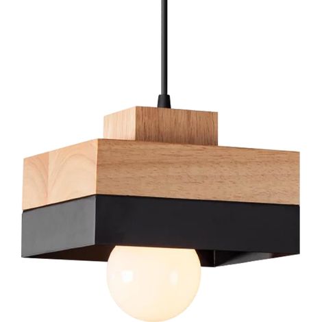 Suspension Luminaire Bois Carrée Rétro Plafonnier Vintage E27 Eclairage Intérieur Lumières Lustre Abat-jour Métal Industriel Moderne Lampe Suspension Art pour Salon Chambre Cuisine (Noir) (1/5)