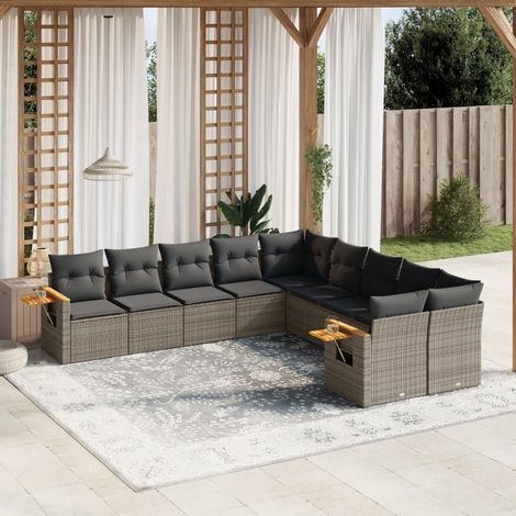 10-tlg. Garten-Sofagarnitur mit Kissen Grau Poly Rattan (1/3)
