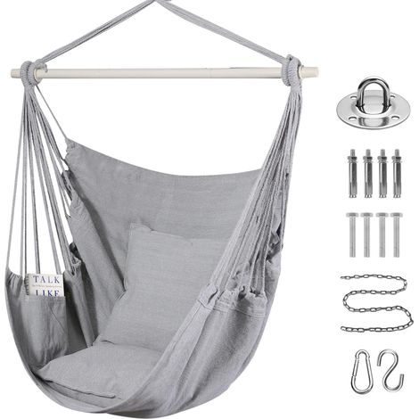 Chaise balançoire Chaise Grand hamac en Coton Doux avec Deux Coussins Oreiller avec Sac à Main Intérieur/Extérieur/Chambre Terrasse Jardin Balcon, 150kg (Gris) (1/5)