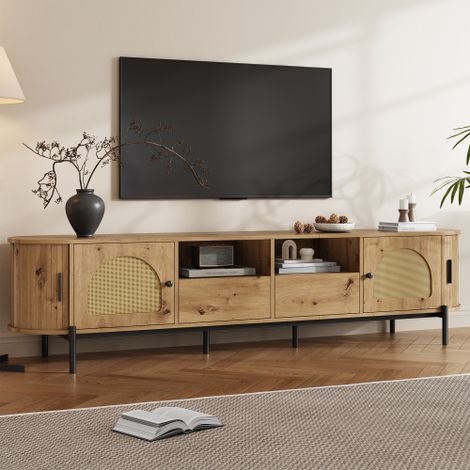 Meuble TV ovale en rotin - 4 portes et 2 tiroirs - Pieds en métal aspect bois - MDF - 200x40x49.5cm - Naturel (1/5)