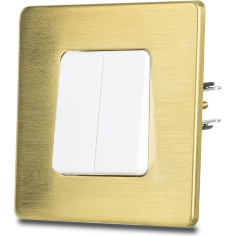 Interruptor de luz doble para escaleras, blanco, acero cepillado, latón PVD. (1/5)