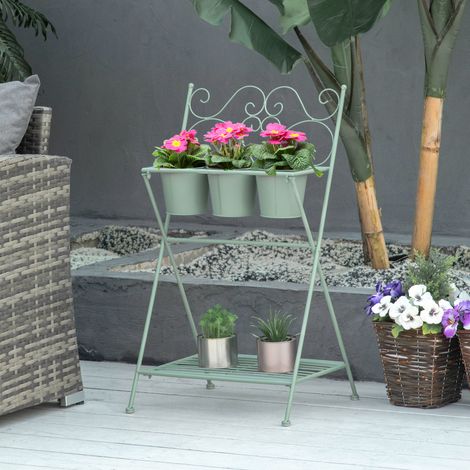 Supporto per piante pieghevole in metallo Outsunny con 3 vasi da fiori inclusi e ripiano inferiore, porta vasi decorativo per interni ed esterni, 47x37x78,5 cm, verde. (1/5)