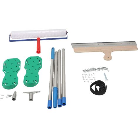 Kit d'outils pour revêtement de sol : raclette, applicateur, rouleau à barbes, sabots de clouage, manche télescopique pour chape autonivelante (1/5)