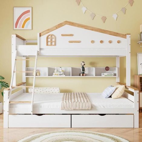 Lit superposé - KOMHTOM - 90x200/140x200 évolutif - Bois - 2 tiroirs - Garde-corps coloré (1/5)