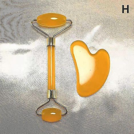 2-teiliges Set Gesichtsmassagegerät, Nackenroller, Gua-Sha-Schaber, Lifting- und Faltenentfernungs-Set – Gelb (1/5)