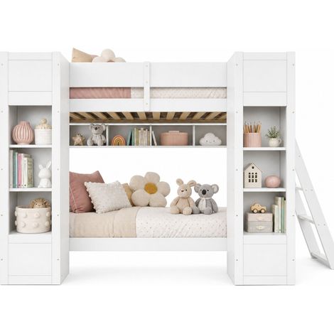Lit superposé 90x200 cm blanc pour enfants gain de place avec 2 armoires frontales, étagère suspendue, échelle gauche/droite et barrière de sécurité - CHICFURN (1/5)