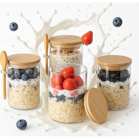 Lot de 4 bocaux en verre Elindor® avec couvercles, 470 ml, dimensions 8,5 × 8,5 × 12 cm, transparents, parfaits pour le petit-déjeuner, les yaourts, les céréales, les desserts, les puddings et les en- (1/5)