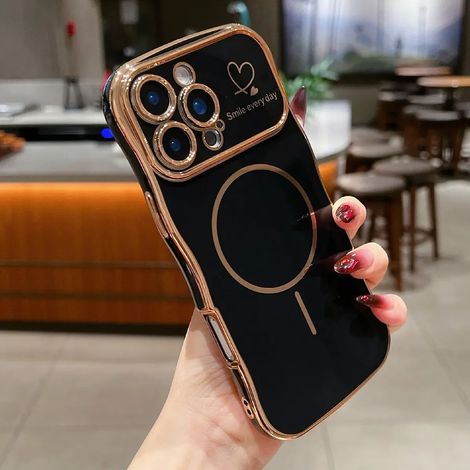 (iPhone 12 Pro Max, Noir) Coque de téléphone ondulée en forme de cœur, plaquée métallisée, compatible avec iPhone, coque de protection à chargement sans fil magnétique
