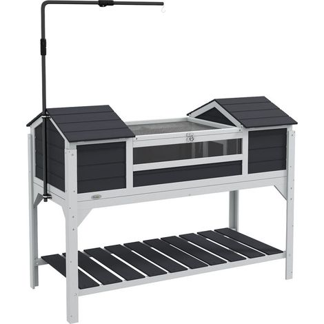 Maison tortue terrestre extérieure enclos tortue 2 niches support de lampe réglable bois massif 122 x 56,5 x 93 cm gris (1/5)