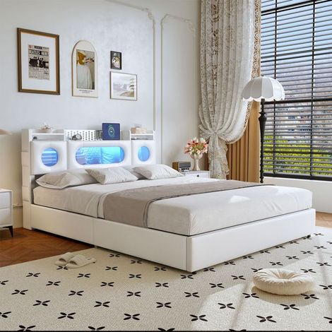 Bett mit Kasten 160x200 cm - Weißes PU - Kopfteil mit Stauraum - LED - USB und Typ C