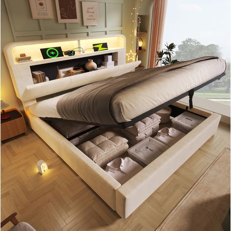 Doppelbett 160x200 cm Beige aus Samt mit höhenverstellbarem Stauraum-Kopfteil, LED und USB/Type-C-Ladestation (1/5)