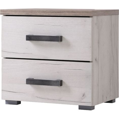 Nachtkommode Roncello, 2 Schubladen, 1 Ablage, Schiebetür, 44,5x33,5x43h cm, Weiß Lärche