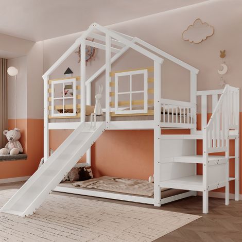 Lit superposé enfant 90x200 cm,avec toboggan,fenêtre et toit,lit mezzanine enfant 90x200 cm avec barrière de sécurité,montage facile,Matelas non inclus,pour chambre enfant,chambre(Blanc et Naturel) (1/5)