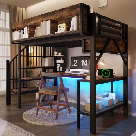 Lit mezzanine 90x200 cm avec bureau d’angle, rangements et LED, en bois, noir et brun vintage, sans matelas (1/5)