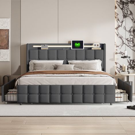 Gepolstertes Doppelbett 160x200 cm, mit 4 Schubladen, LED-Beleuchtung, USB-Anschlüssen, Lattenrost, Leinen, Queen-Size-Bett - Grau