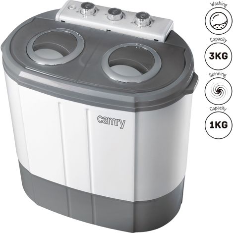 Camry CR 8052 Mini Lavadora Centrifugadora Portátil, 3Kg Lavado, 2 Compartimentos, Programa Lavado 15m 190 W Blanco/Gris