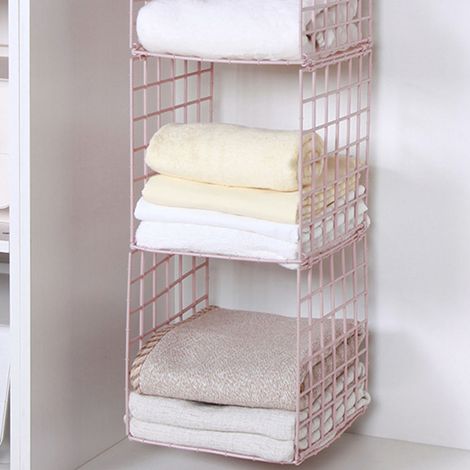 Hängender Kleiderschrank-Organizer, 3-stöckig, rosa, minimalistisch, Gittermuster, Kunststoff, Stoff, für Schlafzimmer, Studentenwohnheim (1/5)