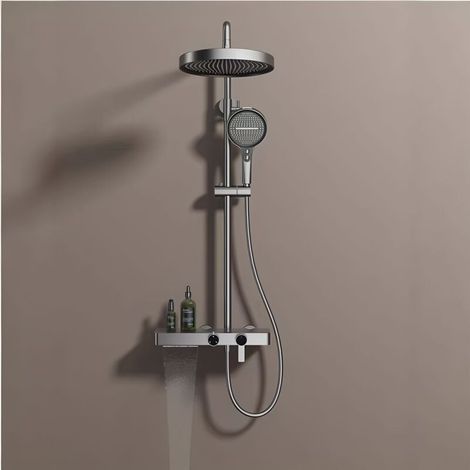 Grand set de douche pour douche, sortie d’eau en cascade, table de rangement pour la douche, cuivre chaud et froid, or brossé, toilettes à la maison