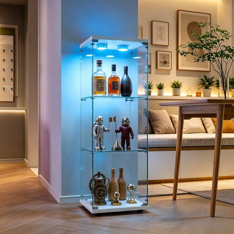 JOOKGBD-Vetrina in Vetro 42x36x125 cm con LED, Vetrina da Collezione con 1 Anta e 3 Ripiani in Vetro Trasparente, Mobile Espositore per Collezioni, Bianco (1/5)