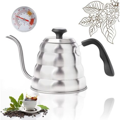 Bouilloire Col de Cygne Inox Gaz, Theiere 1.2 L avce Thermomètre, Gooseneck Kettle pour Gaz, Induction avce Poignée Résistante à la Chaleur, Argent Brossé (1/5)