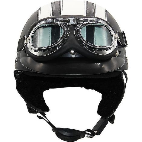 Casque de moto d'été léger en cuir style rétro Harley, avec lunettes de sécurité, demi-casque tendance, pour véhicules électriques, noir et blanc. (1/3)