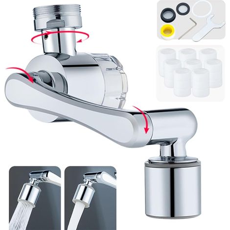 Robinet d'Extension Multifonctionnel Rotatif à 1440 Degrés,  Accessoire de Filtre Robinet, 1080°Mousseur avec Deux Méthodes de Sortie d'eau pour Cuisine Salle de Bain - Argent (Tout Laiton)