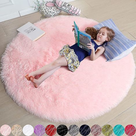 Tapis rond rose poudré, idéal pour la chambre à coucher, tapis rond moelleux de 120 x 120 cm, parfait pour les enfants. (1/5)