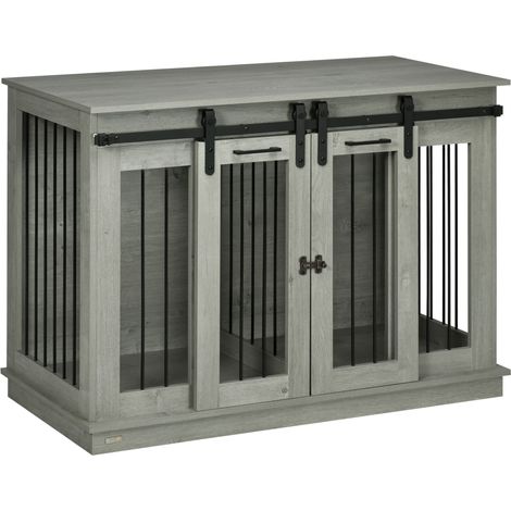 Grauer Holzhundekäfig mit Doppeltür und Trennwand 120 x 60 x 88,5 cm MODENUIT (1/4)