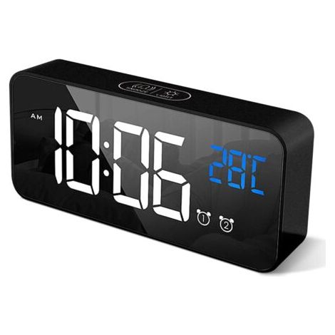 Réveil Numérique avec Grand Affichage de la Température LED, Alarme de Miroir Portable avec Double Alarme Roupillon Temps Gradateur de Luminosité Réglable sur 4 Niveaux (Noir) (1/5)