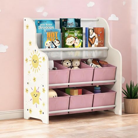 Meuble de rangement enfant 6 bacs tissu et bibliothèque 2 niveaux (1/5)