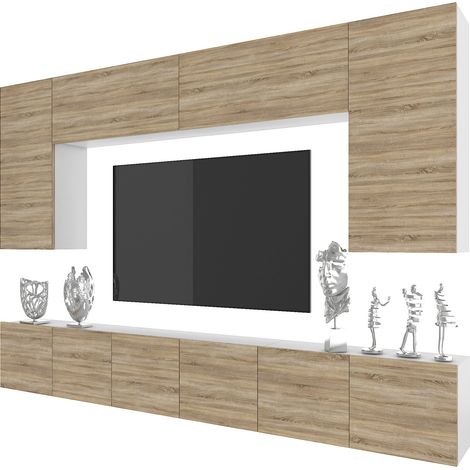 BELINI Meuble TV Mural Milano 2 300 cm - Suspendu avec Systeme Verin a Gaz - Chêne Sonoma Mat (1/4)