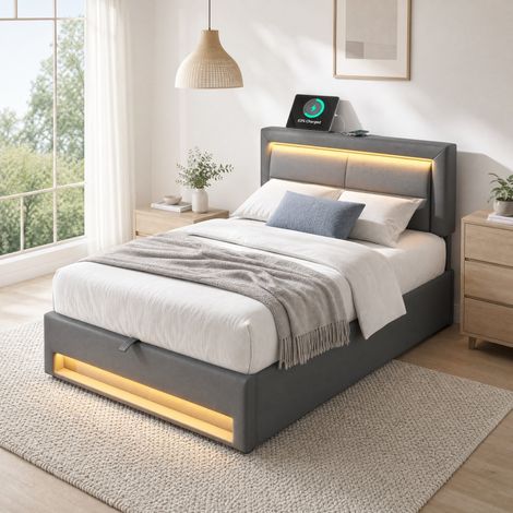 Letto singolo adulto 90x200 cm in PU grigio con contenitore, senza materasso (1/5)