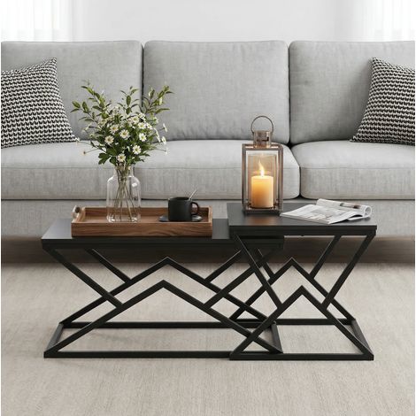 Tavolino da caffè in legno e ferro nero 80 cm, rettangolare, design geometrico industriale (1/5)